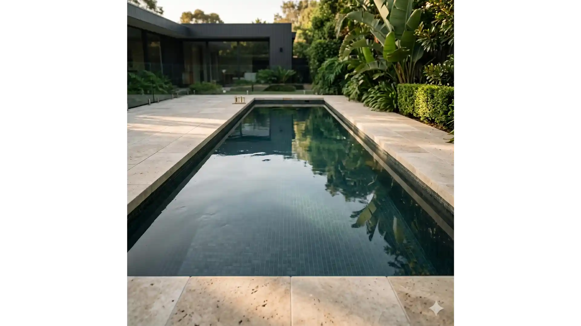 A clear, well-maintained pool in a Melbourne inner-east garden, photographed in afternoon light.