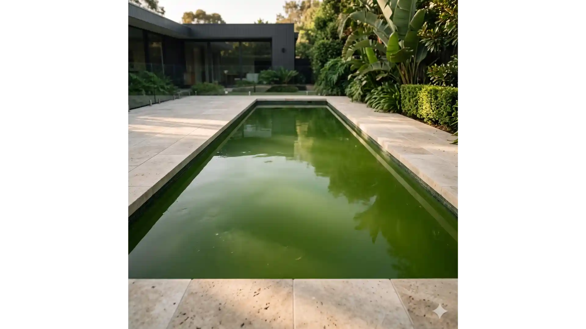 A green, algae-affected pool from pool-deck level, before recovery treatment.