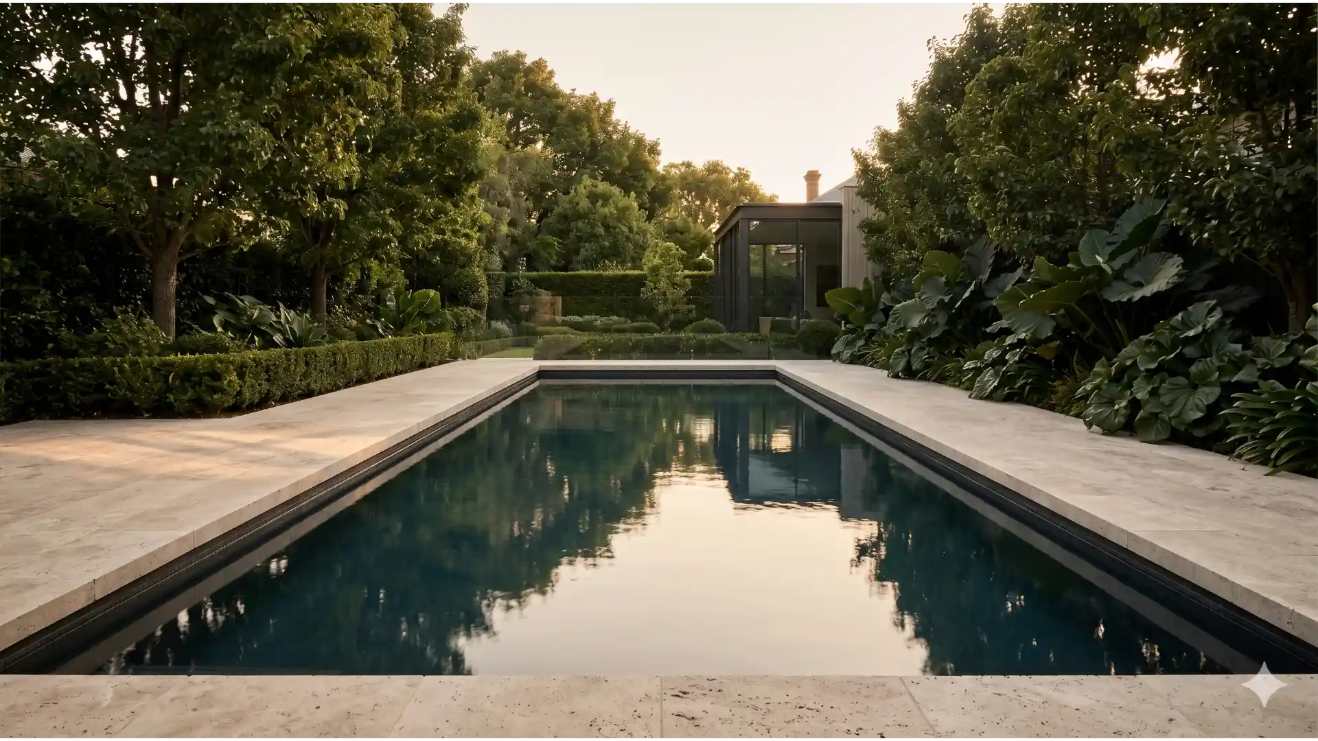 Black-tile pool in a Melbourne inner-east garden at golden hour, water crystal clear, travertine surround visible.