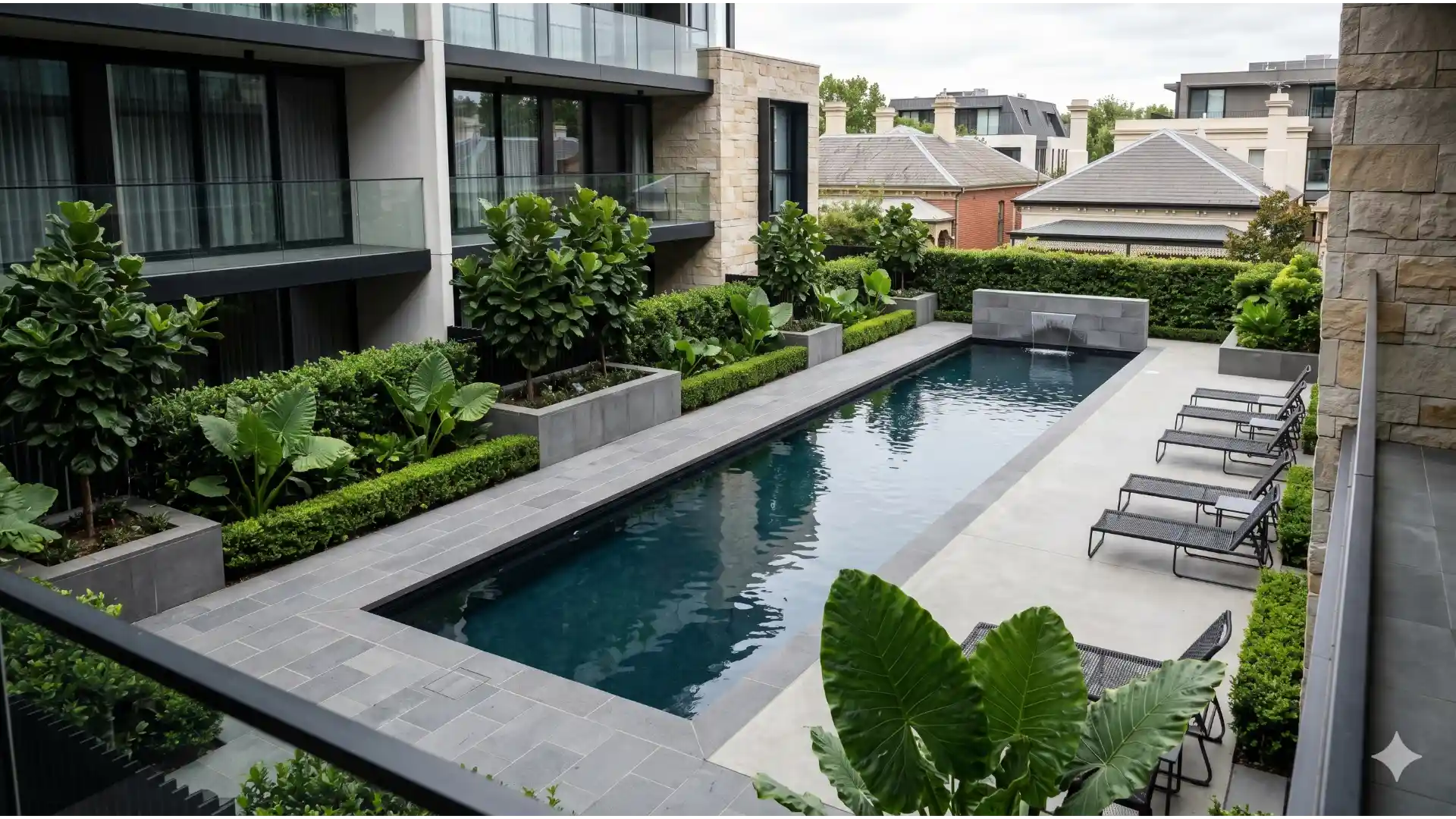 A residential pool installation with the equipment area visible in the background.