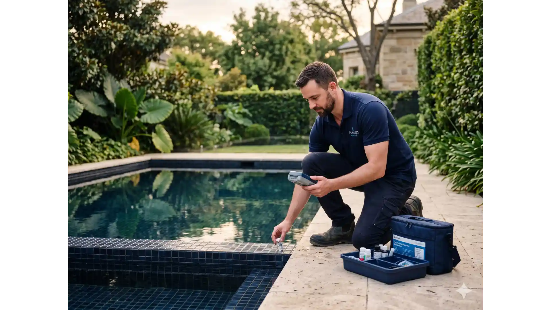 Lumen Pool Care technician kneeling at the edge of an inner-east Melbourne pool, testing water with digital equipment, in branded uniform.